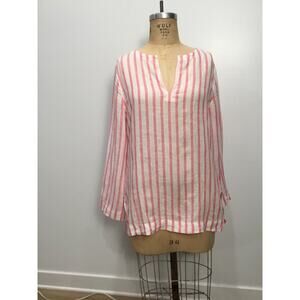 Linen‎ Vertical Stripped Tunic Top Bell Sleeve Womens Pink/Wht L Beach Coastal